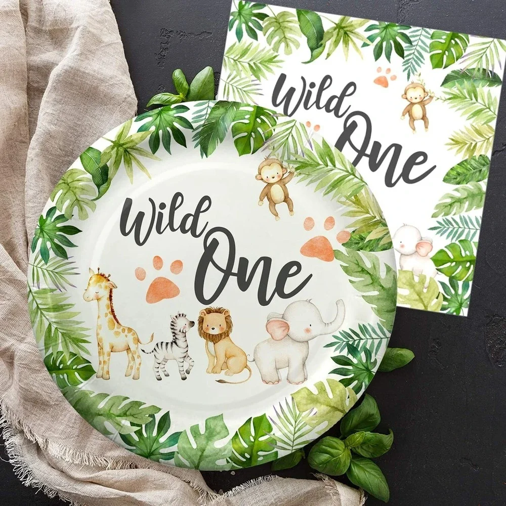 Wild one Jungle Safari First Birthday Decorations for 24 Guests Over 220 Pieces